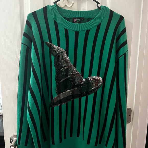 QUEEN OF SPARKLES Wicked Elpheba Green and Black Striped Sweater with Sequin Hat - Picture 1 of 1